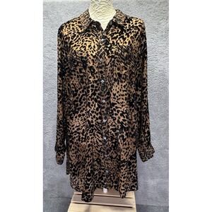 Intro Womens 2X Brown Black Animal Print Sheer Button Front Blouse Long Sleeve
